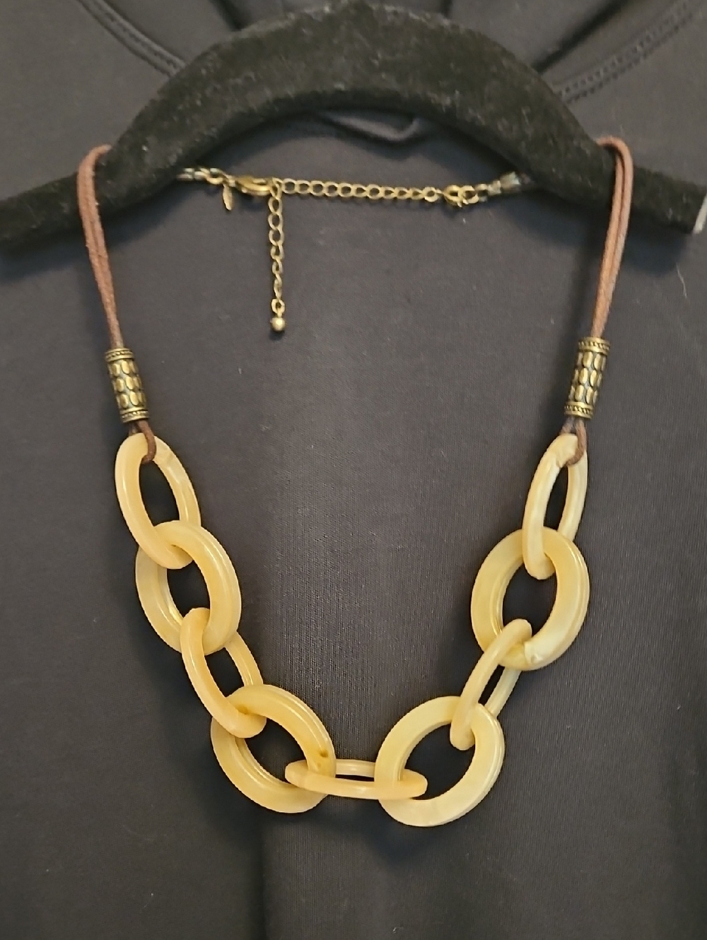 Vintage Taupe Lucite Link Necklace with Brown Leather And Antiqued Hardware